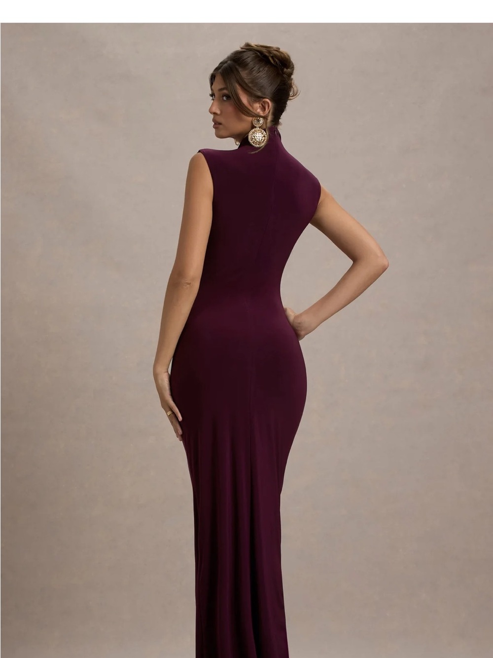 Club London Maxi High Neck Goen with Ruched bodice and slit - Picture 2 of 7